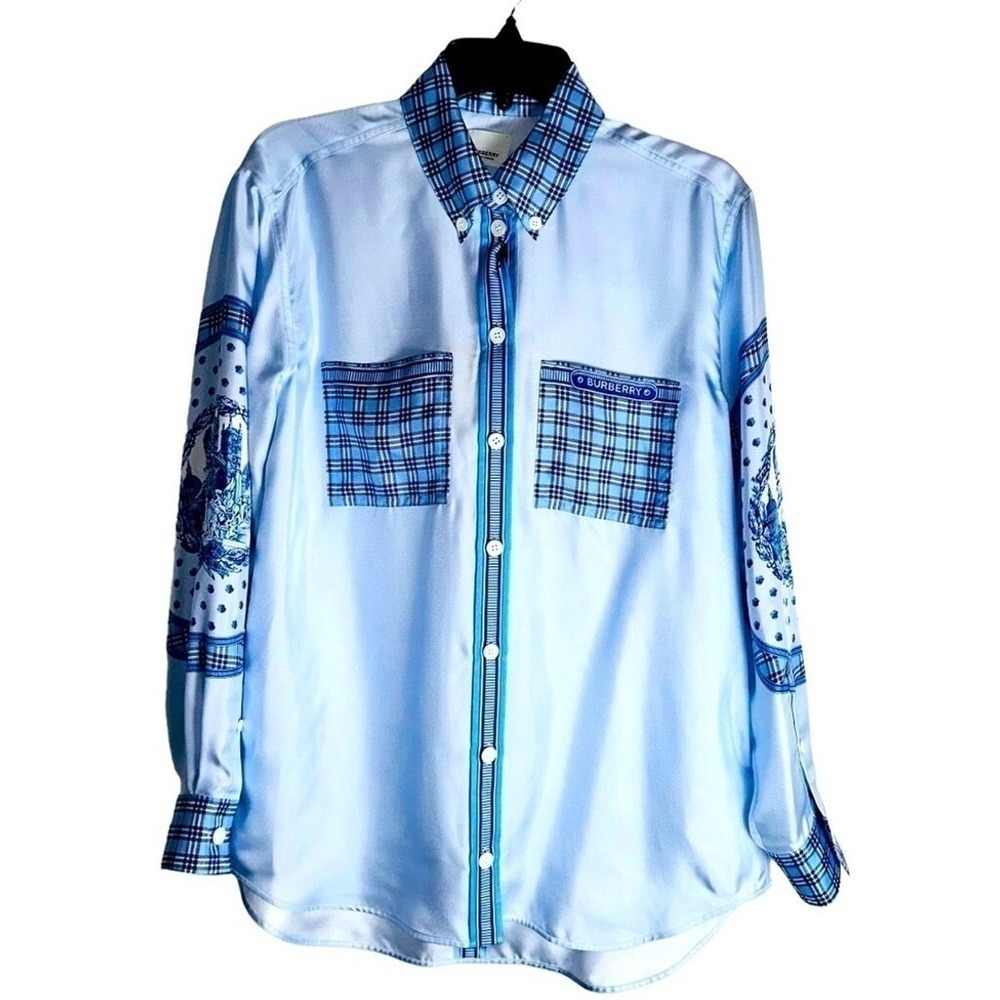 Burberry Womens Size 6 Blue Plaid Silk Print Logo Shirt Blouse Sky Blue‎ NWT